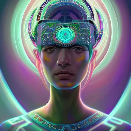 Prompt: portrait of a future metaverse Ayahuasca tech shaman warrior, 2D cartoon, visionary art, symmetric, Magick symbols, holy halo, shipibo patterns, sci-fi, concept art, trending on art station, 8k digital art, by Mandy Jurgens, fantasy art