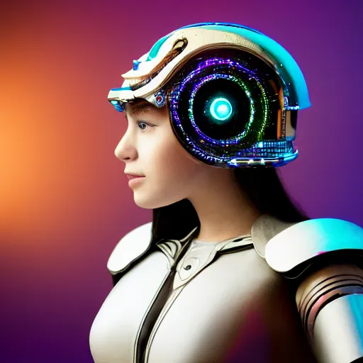 Image similar to centered fine studio photograph of a young woman wearing only a futuristic mecha Mayan helmet with bright lights, designed by Efrain Recinos, chest and face, ultra-realistic, white background, 8k HDR, shallow depth of field, intricate