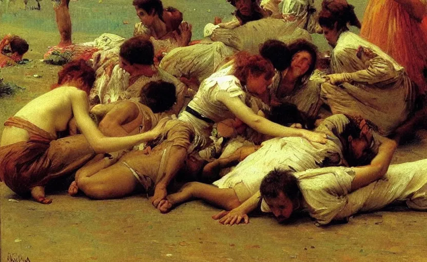 Image similar to high quality high detail painting by ilya repin, people crawling on the floor, hd