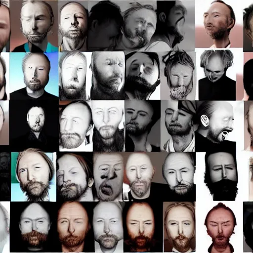 Image similar to versions collage, hyper realistic, many variations of thom yorke, very old, face variations, various emotions, various poses, high quality, brush stroke