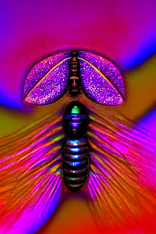 Image similar to high quality macro photo holographic art nouveau fly! jeweled gorgeous! highly detailed digital art david ligare elson peter cinematic purple neon lighting high quality low angle hd 8k sharp shallow depth of field