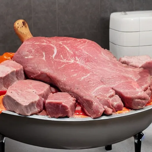 Image similar to a bathtub full of meat surrounded by a hungry family