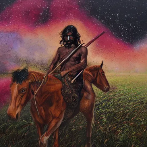 Image similar to portrait of head and body, single bangla farmer fighting on hoseback, hand to hand combat with machete, wielding machete, full body view, long flowing hair, fighting for his life, nebula aura surrounding subject, horseback combat attacker foreground, background of invading army, nestor canavarro hyperrealist art style, sharp outlines