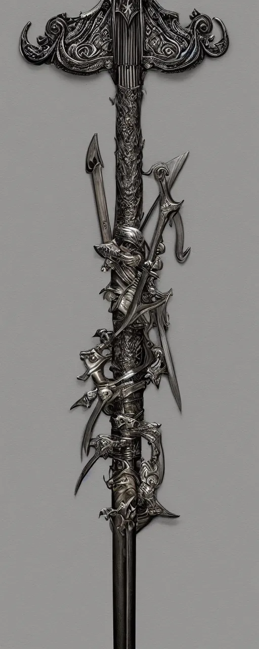 Image similar to sword of justice hanging on a wall, ornate gem in pommel, engraved blade, serrated point, herringbone floor, low angle, museum display, greg rukowski, boris vallejo