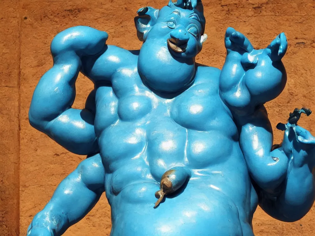 Prompt: beautiful muscular blue genie covered in oil laughing and turning himself into pregnant pig, statue, highly detailed