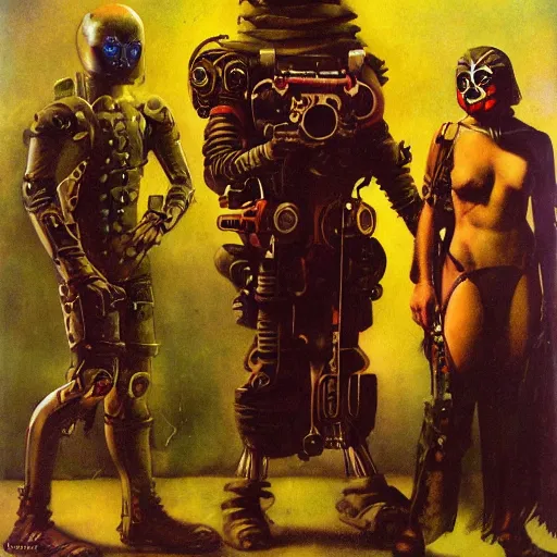 Image similar to techno shamans, telepaths, dieselpunk cyborgs, masked heroes, irradiated humans, mystic mutates and monster hunters by frazetta