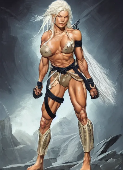 Image similar to very muscled Amazon platinum blonde as a ruggedly mean looking heroine, wearing karate gi, intricate, elegant, highly detailed, centered, digital painting, artstation, concept art, smooth, sharp focus, illustration, art by artgerm and donato giancola and Joseph Christian Leyendecker, WLOP