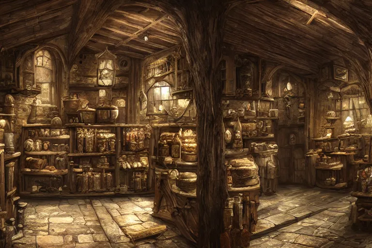 Image similar to A medieval shop viewed from the inside, texture, intricate, details, highly detailed, masterpiece, architecture, building, trending on artstation, focus, sharp focus, concept art, digital painting, fantasy, sunny, day, midday, in the style of skyrim