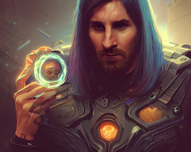 Image similar to messi with cyberpunk implants, deep focus, d & d, fantasy, intricate, elegant, highly detailed, digital painting, artstation, concept art, matte, sharp focus, illustration, hearthstone, art by artgerm and greg rutkowski and alphonse mucha