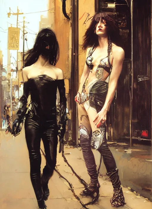 Image similar to androgynous glam rocker outside cbgb in the style of phil hale, sfumato Orientalist portrait by john william waterhouse and James Gurney and Theodore Ralli and Nasreddine Dinet, Syd Mead, Phil Hale, oil on canvas. Cinematic, hyper realism, realistic proportions, dramatic lighting, high detail 4k