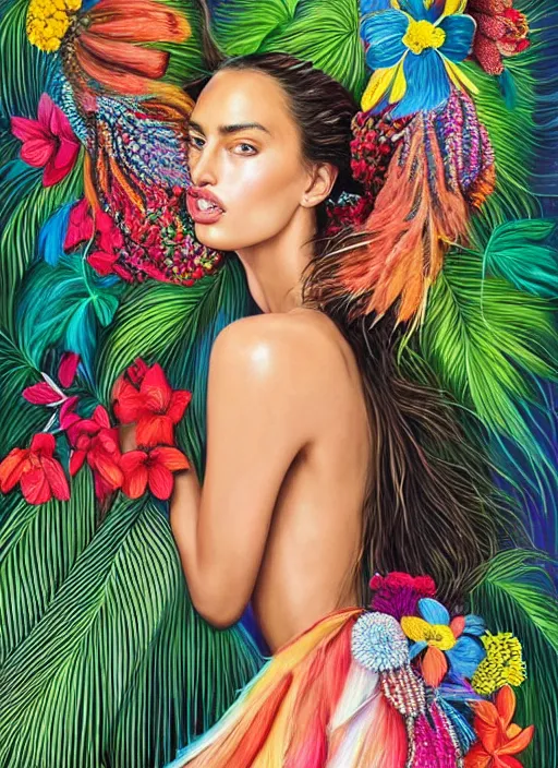 Image similar to beautiful portrait of Irina Shayk wearing fantastic Hand-dyed cotton dress,embellished beaded feather decorative fringe knots ,colorful pigtail,subtropical flowers and plants,symmetrical face,intricate,elegant,highly detailed,8k,digital painting,trending on pinterest,GUCCI,PRADA,harper's bazaar,concept art, sharp focus,golden ratio,illustration,by artgerm,Tom Bagshaw,Lawrence Alma-Tadema,greg rutkowski