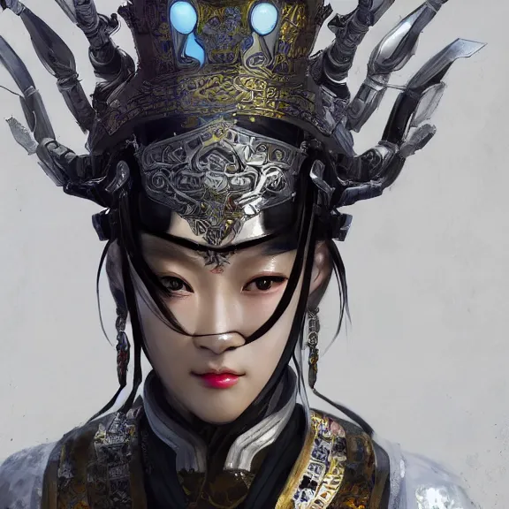 Prompt: ancient chinese princess with cyberpunk mask, dynasty warriors, elegant, unreal engine, rgb background, 8 k, silver color scheme, headshot, highly detailed, smooth, ink painting, artstation, concept art, in style of yoji shinkawa, pan ren wei, col price, atey ghailan, by greg rutkowski, aesthetic