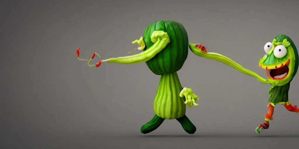 Prompt: detailed 3 d render of a bad zucchini character with arms and legs and a long sword!! chasing after a tomato character, hyper realistic octane render, cinematic lighting, deviantart, frame from independent movie