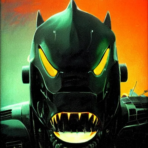Prompt: a dark and colorful close - up of a sci - fi mecha shark robot with led lights glowing fog in the background. highly detailed science fiction painting by norman rockwell, frank frazetta, and syd mead. rich colors, high contrast, gloomy atmosphere, dark background. trending on artstation