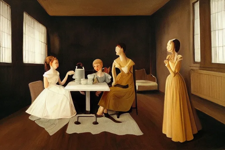 Image similar to beautiful painting of friends, beautiful faces, sitting on the edge, cute, soft light, digital painting by diane arbus and ralph mcquarrie and pieter de hooch
