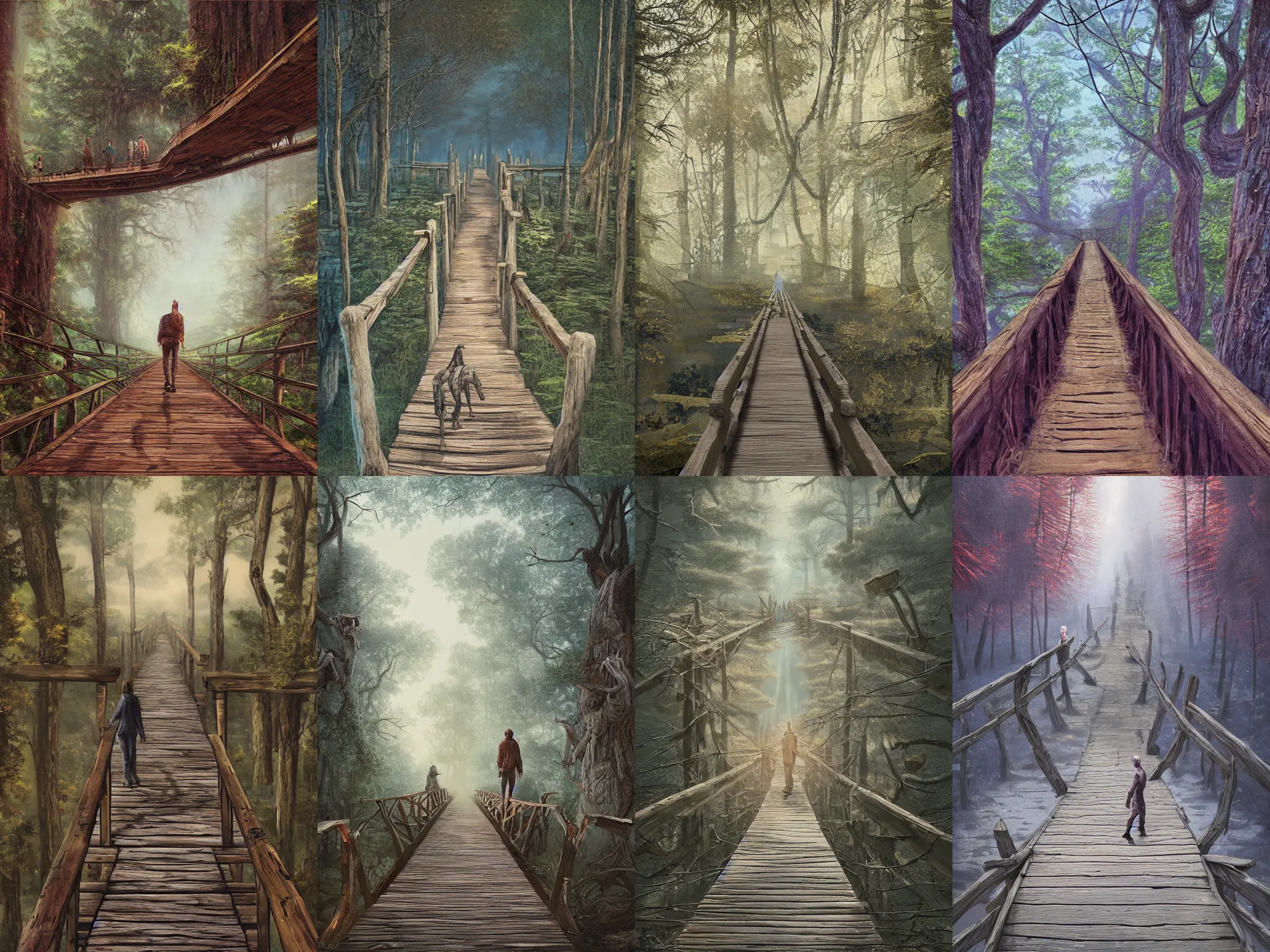 Prompt: walking on an old wood bridge viewed from a deep perspective, trees in the background, art by James Jean and Wayne Barlowe, high detail, cinematic, vibrant HDRI colors, cgsociety 8k