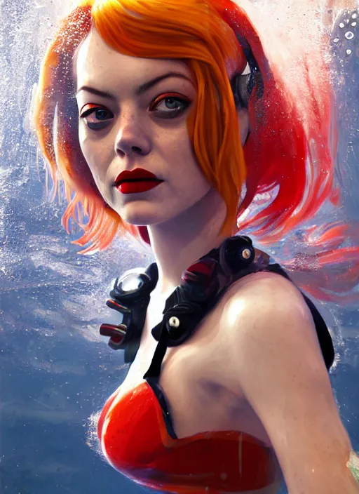 Image similar to underwater portrait of emma stone as harley quinn, hyper detailed, digital art, trending in artstation, cinematic lighting, studio quality, smooth render, unreal engine 5 rendered, octane rendered, art style by klimt and nixeu and ian sprigger and wlop and krenz cushart.