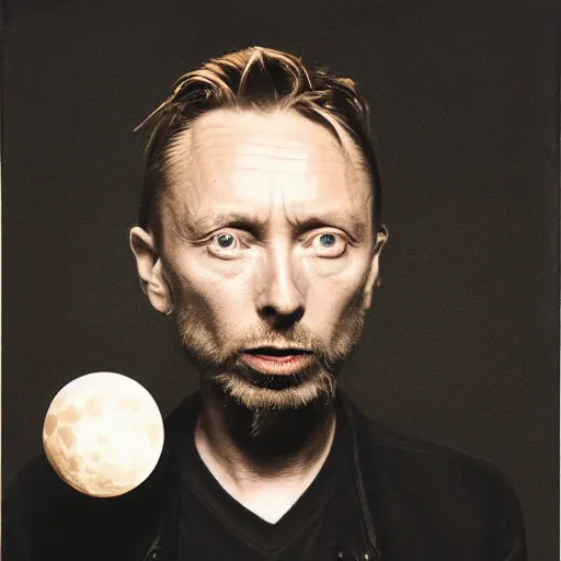 Prompt: Thom Yorke, Thom Yorke, Thom Yorke, holding the moon upon a stick, with a beard and a black jacket, a portrait by John E. Berninger, dribble, neo-expressionism, uhd image, studio portrait, 1990s