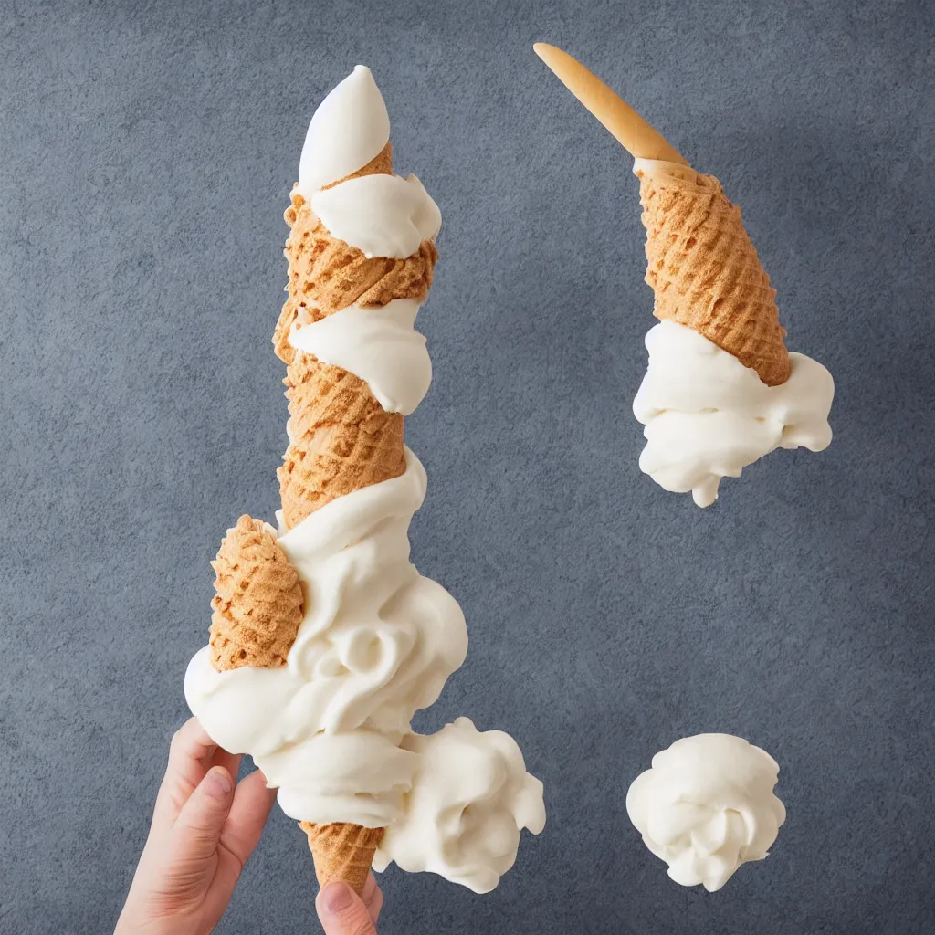 Image similar to soft serve ice cream cone in the form of Matterhorn, advertising product photography