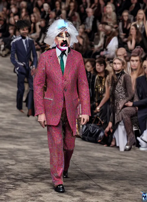 Image similar to hyperrealistic and heavy detailed gucci runway show of albert einstein, leica sl 2 5 0 mm, vivid color, high quality, high textured, real life