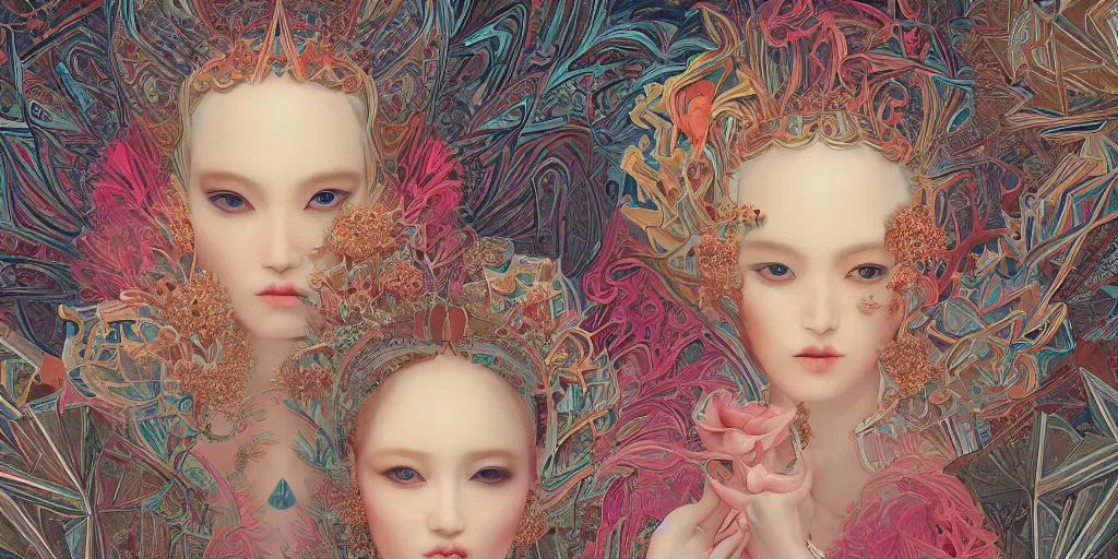 Image similar to breathtaking detailed concept art painting kaleidoscope art deco pattern of blonde faces goddesses by hsiao - ron cheng, amalgamation flowers, bizarre compositions, exquisite detail, extremely moody lighting, 8 k