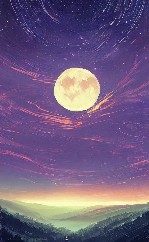 Image similar to a beautiful illustration of the shire at night, art of alena aenami, featured on artstation, vertical orientation, paint brush strokes, expressionism, brushstroke - laden, breathtaking clouds, birds, ocean, beautiful stars, long exposure, big moon radius, airy midnight theme, blue purple gradient, lens flare