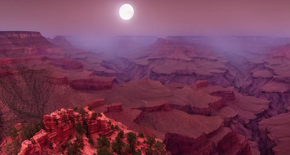 Image similar to The Grand Canyon at night during a Blood Moon Lunar Eclipse, evil, demonic, enchanting, misty, haze, clouds, angelic, flowers, nature, symmetry, environment concept, cinematic, Rendered in Octane, cgsociety, moody lighting rendered by octane engine, cinematic lighting, intricate details, 8k detail post processing, hyperealistic, photo realism, by Stephen King