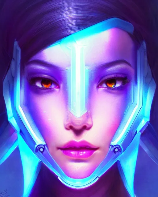 Prompt: echo from overwatch, thai, blue holographic face, glass face, transparent face, elegant, colorful, fantasy, fantasy art, character portrait, portrait, close up, highly detailed, intricate detail, amazing detail, sharp focus, vintage fantasy art, vintage sci - fi art, radiant light, caustics, by boris vallejo