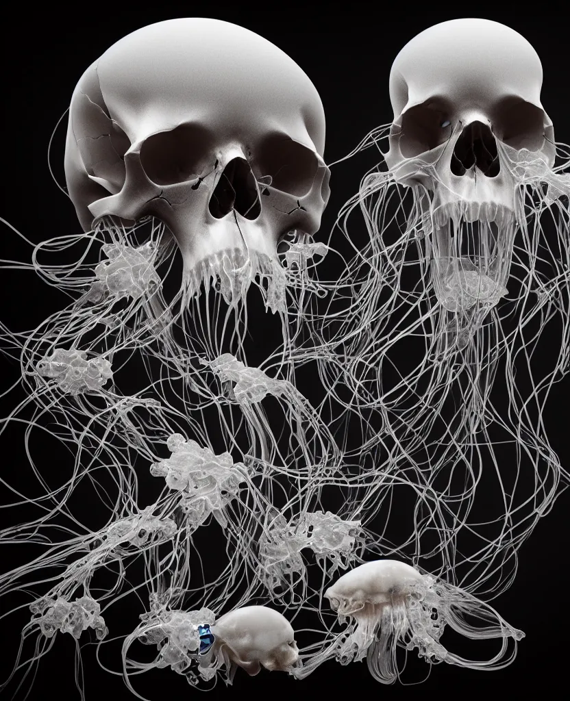 Image similar to composition of human skulls, animals skulls, bones, rib-cage. jellyfish orchids and betta fish, bioluminiscent, intricate artwork by Tooth Wu and wlop and beeple. octane render, trending on artstation, greg rutkowski very coherent symmetrical artwork. cinematic, hyper realism, high detail, octane render, 8k