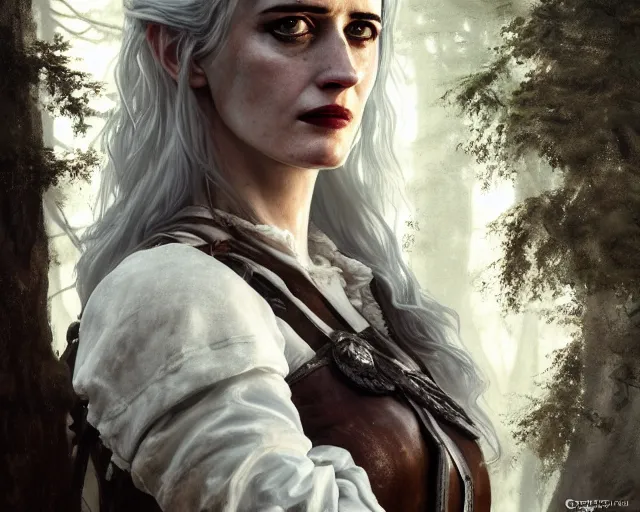 Prompt: 5 5 mm portrait photo of a real life tough looking eva green as ciri in a white shirt and brown leather armor with silver hair and a large scar along her left cheek, in a magical forest. dark atmosphere. art by greg rutkowski. highly detailed 8 k. intricate. lifelike. soft light. nikon d 8 5 0.