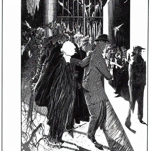 Image similar to funeral march visual rapsody wagner, by Bernie Wrightson, night scene