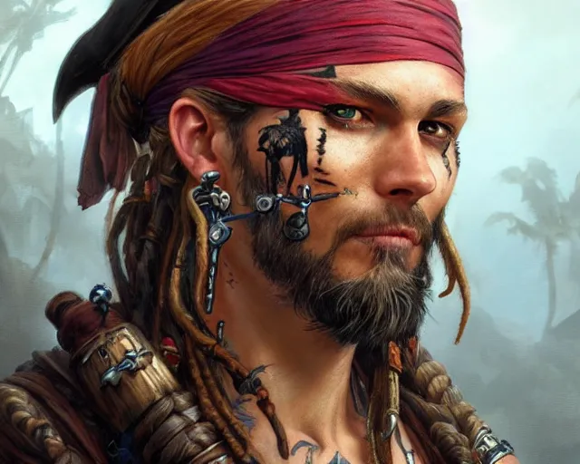 Prompt: close up of a pirate with scars and a face tattoo depicting neural networks and ai, deep focus, d & d, fantasy, intricate, elegant, highly detailed, digital painting, artstation, concept art, matte, sharp focus, illustration, hearthstone, art by artgerm and greg rutkowski and alphonse mucha