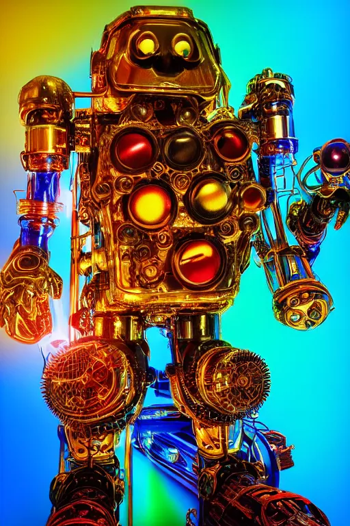 Image similar to portrait photo of a giant huge golden and blue metal humanoid steampunk robot guitarplayer covered with multicolored big gears and tubes, a huge red guitar, eyes are glowing red lightbulbs, shiny crisp finish, 3 d render, 8 k, insaneley detailed, fluorescent colors, background is multicolored lasershow