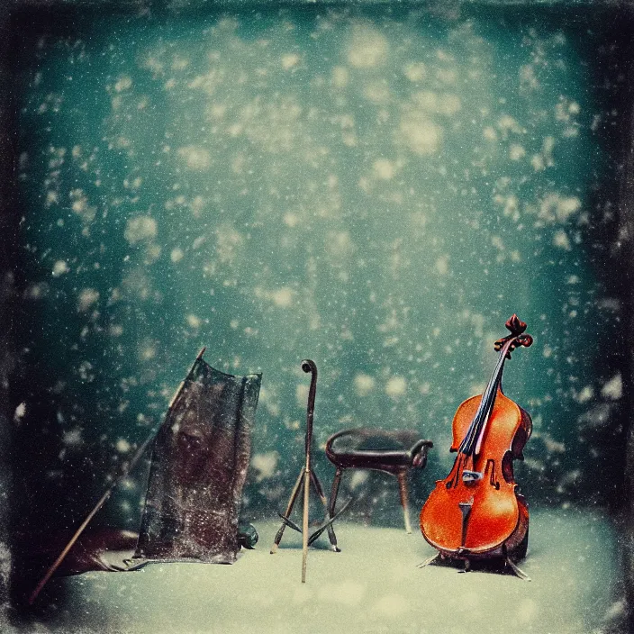 Image similar to orchestra, kodak portra 4 0 0, wetplate, muted colours, teal orange, 1 9 1 0 s style, motion blur, portrait photo of a backdrop, sparkling, stargazer, snow, fog, by georges melies and by britt marling