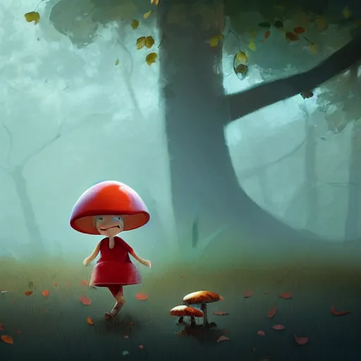 Prompt: collecting mushrooms ilustration a beautiful little girl smiling, walking calmly through an autumn forest, style by goro fujita, character art, sharp focus, highly detailed, artstation