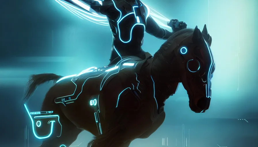 Image similar to tron legacy jesus riding cyborg horse, face, diffuse lighting, hyper realistic, concept art, intricate, hyper detailed, smooth, sharp focus, illustration, trending on artstation, art by greg rutkowski and james gurney and alphonse mucha