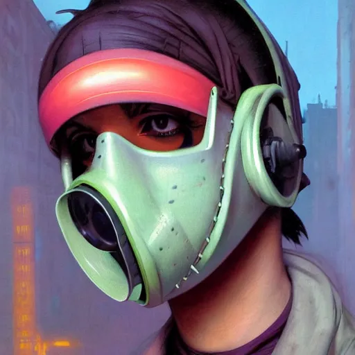 Prompt: vibrant face portrait of a young diesel punk woman with gas mask on the art deco streets of the big city, 3 d anime, streetwear, award - winning realistic sci - fi concept art by jim burns and greg rutkowski, picasso, beksinski, masterpiece, complimentary colors, james gilleard, bruegel, alphonse mucha, and yoshitaka amano