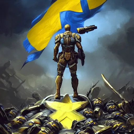 Image similar to a full body shot from distance from behind of a super soldier with a yellow and blue flag standing on a huge pile of skulls in triumph after battle, western, D&D, fantasy, intricate, elegant, highly detailed, digital painting, artstation, concept art, matte, sharp focus, symmetrical, illustration, art by Artgerm and Greg Rutkowski and Alphonse Mucha