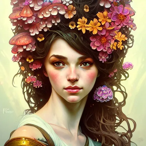 Image similar to Portrait of a girl surrounded by flowers and mushrooms, face, fantasy, intricate, elegant, highly detailed, digital painting, artstation, concept art, smooth, sharp focus, illustration, art by Fernanda Suarez and Artem Demura and alphonse mucha