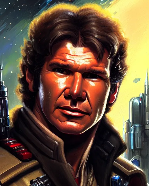 Image similar to character portrait closeup 4 0 years old han solo harrison ford cyberpunk starcraft terran warhammer 4 0 k space marine, confident, character design, painting by gaston bussiere, katsuya terada, frank frazetta, tom of finland, gta v, wlop, artgerm, trending on artstation