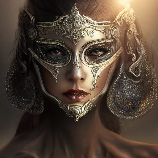 Image similar to Very very very very highly detailed epic photo of face with venetian mask, intricate, dystopian, sci-fi, extremely detailed, digital painting, artstation, concept art, smooth, sharp focus, illustration, intimidating lighting, incredible art by Artgerm