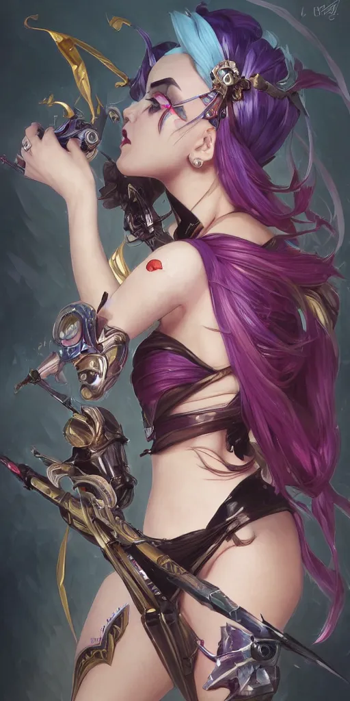 Image similar to Jinx From the series Arcane, League of Legends, elegant, highly detailed, digital painting, artstation, concept art, smooth, sharp focus, illustration, ArtStation, art by artgerm and greg rutkowski and alphonse mucha and J. C. Leyendecker and Edmund Blair Leighton and Katsuhiro Otomo and Geof Darrow and Phil hale and Ashley wood and Ilya repin and Charlie Bowater