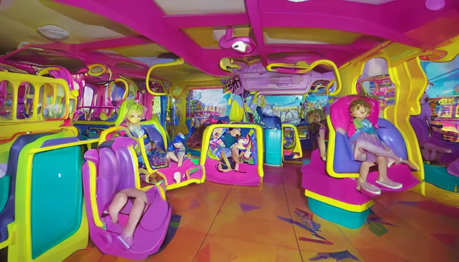 Prompt: 1990s photo of inside the Polly Pocket ride at Universal Studios in Orlando, Florida, children riding through a life size Polly Pocket , cinematic, UHD