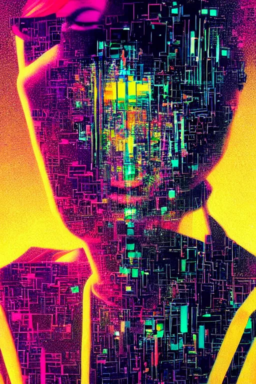 Prompt: surreal raw portrait, digital painting, an beautiful, crazy hacker girl, lost in code, synthwave, glitch!!, fractured reality, refraction, glitter, realistic, hyperdetailed, golden hour, concept art, art by syd mead, cubism