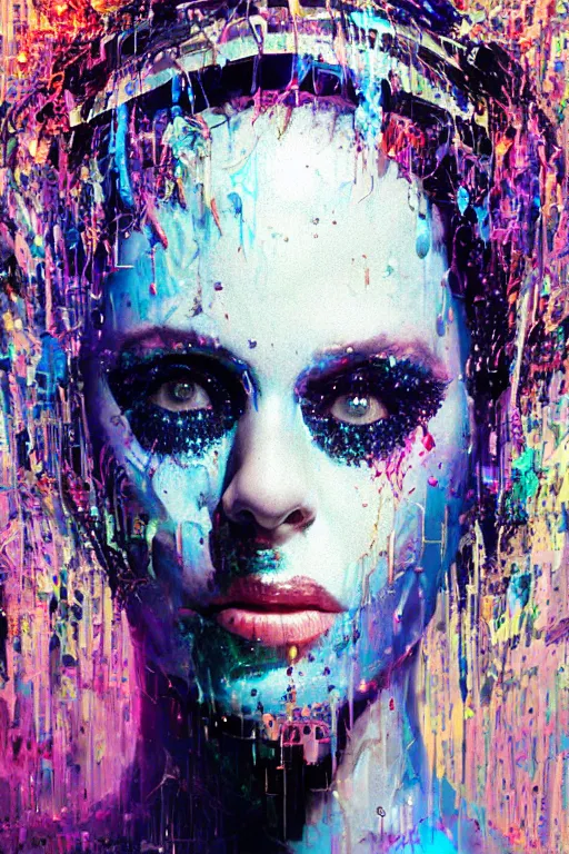 Image similar to portrait, headshot, digital painting, an delightfully mad techno - shaman lady, wink, synthwave, glittery reaction diffusion pattern, glitch, fracture, realistic, hyperdetailed, dripping, chiaroscuro, concept art, art by john berkey
