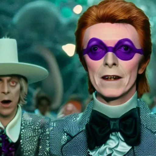 Image similar to photorealistic movie still of David Bowie as Willy Wonka 4k HDR amazing lighting