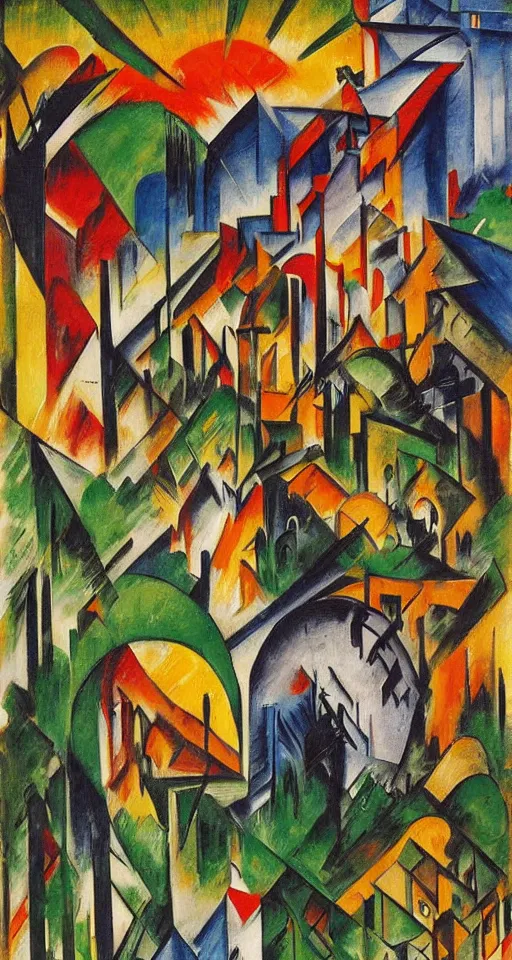 Prompt: on the street of abandoned town 2 people standing huddled together with spiny giant plants bursting through them, surreal, very coherent, intricate design, painting by Franz Marc