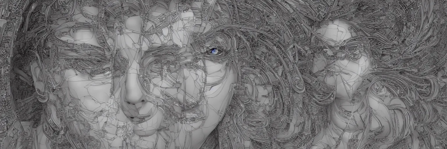 Image similar to The face of a very beautiful goddess radiating an artwork made from layers of technical drawings and architectural plans, very detailed and intricate with callout texts, leaders, arrows and bubbles by Kim Jung Gi and WLOP and Katsuhiro Otomo , hyperrealism, octane render, 8k, xparticles