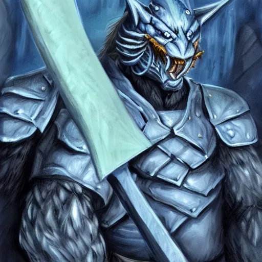 Image similar to fantasy concept art; portrait of a blue dragonborn wielding an axe; barbarian clothing; detailed sketch