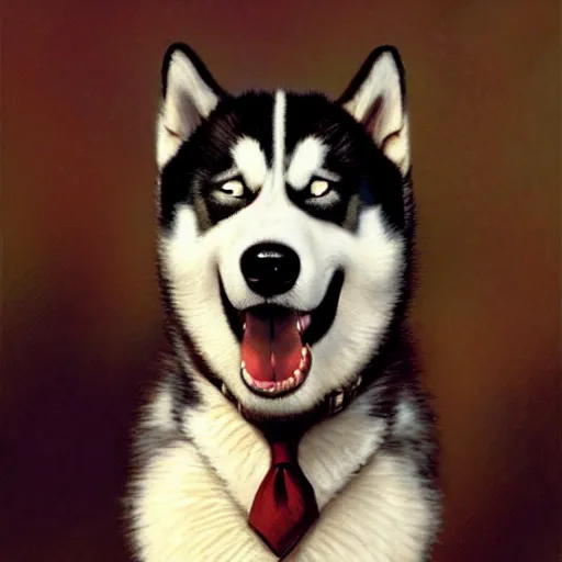 Image similar to a portrait of a husky dog wearing a suit and smiling at the viewer. highly detailed painting by gaston bussiere, craig mullins, j. c. leyendecker 8 k